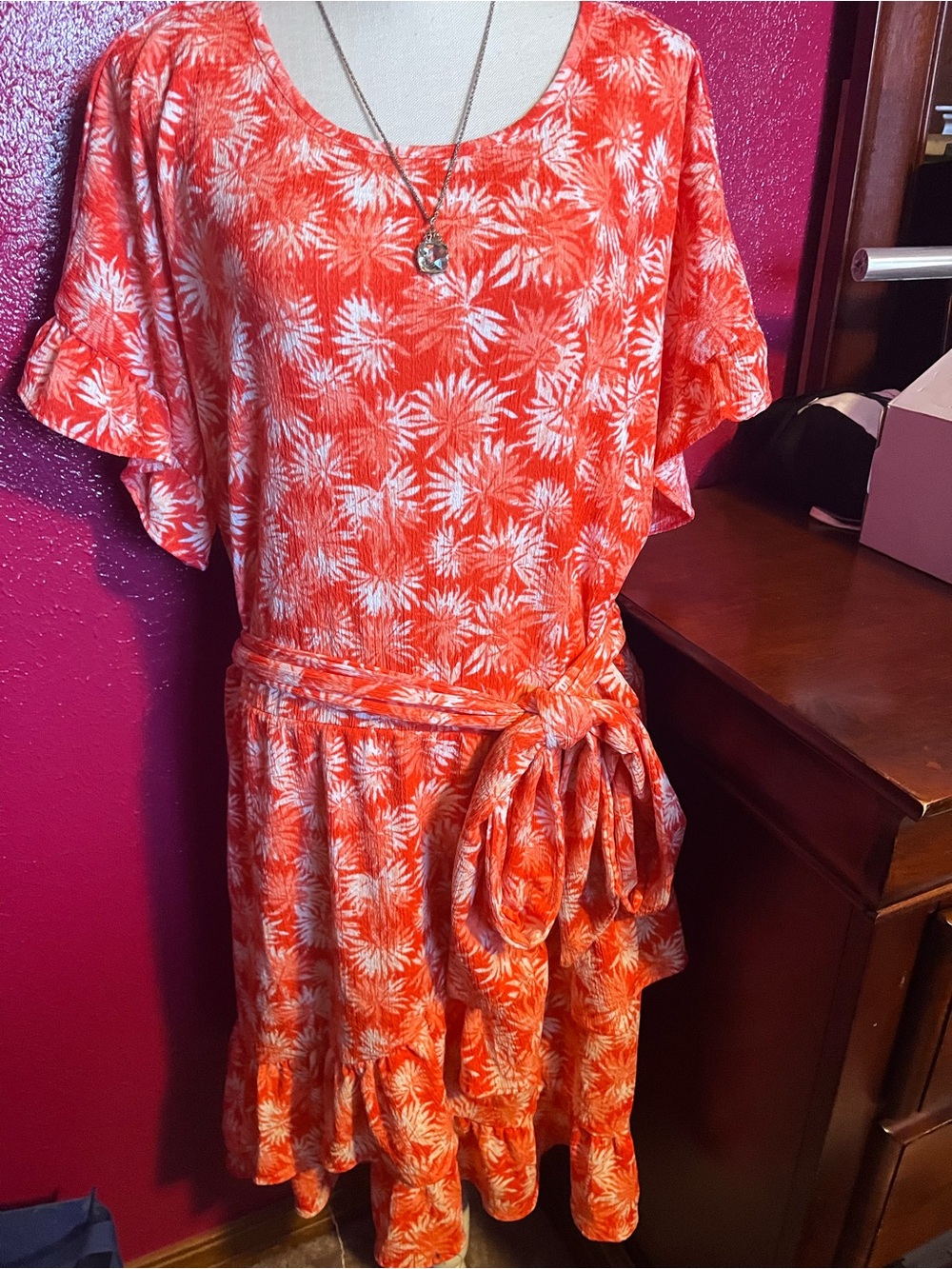 Michael Kors Orange and White Floral Midi Dress with Tie Waist